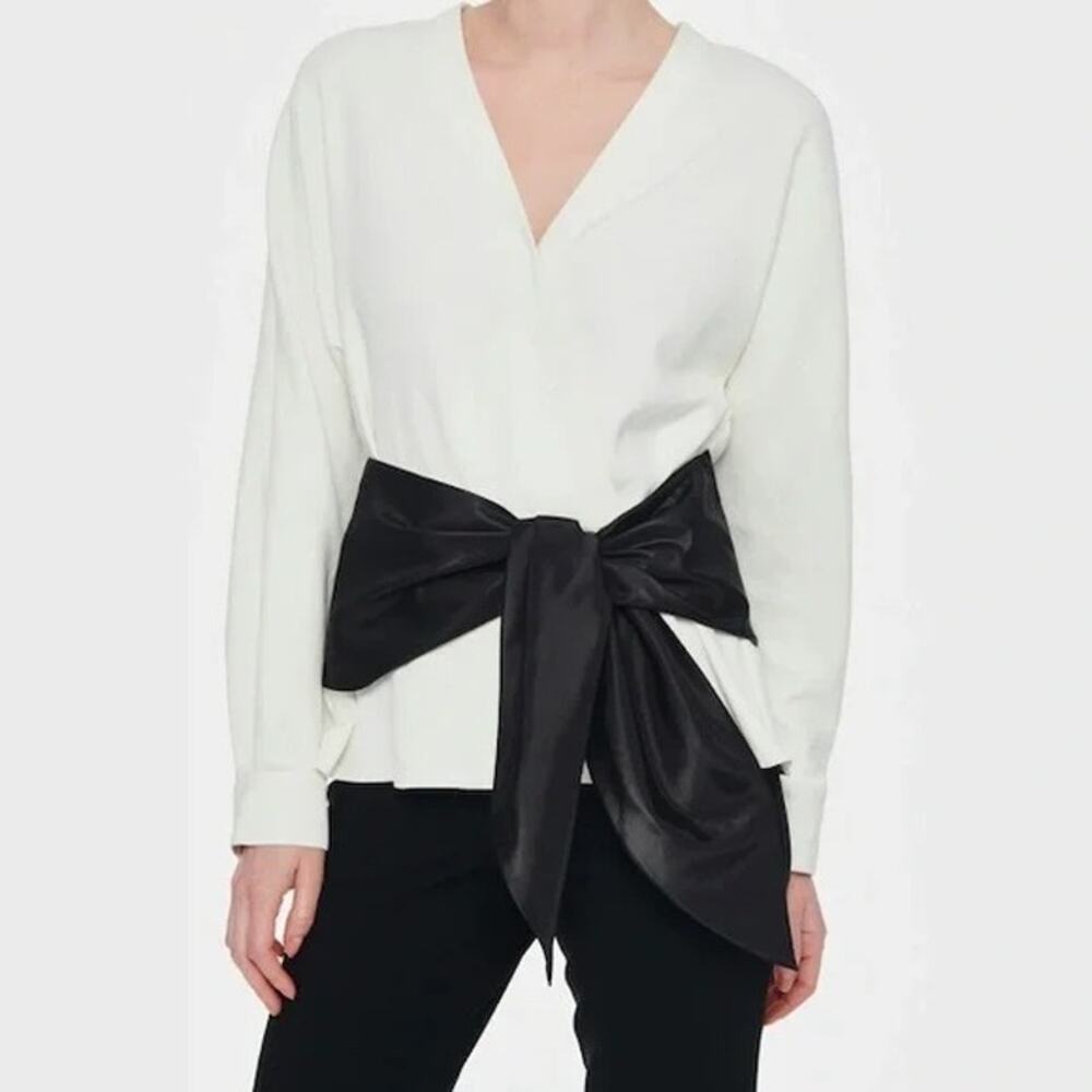 NWT Tibi Chalky Drape Domlan Tie Top‎ Ivory Black Belted Womens Top Size 2 $450